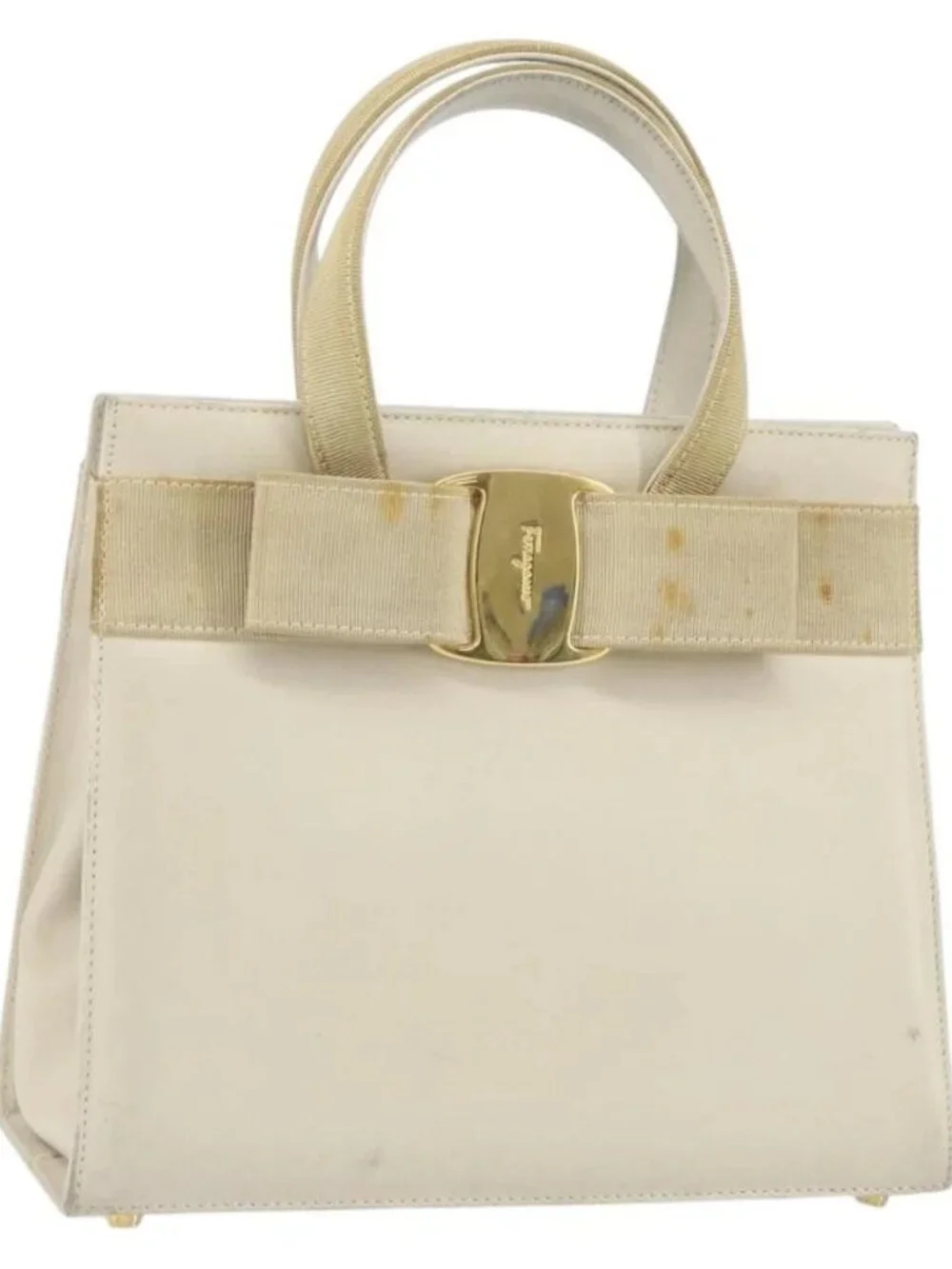 Salvatore Ferragamo Vala Hand Bag Leather White Gold Auth 166678